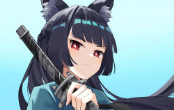 Rule 34 | absurdres, animal ear fluff, animal ears, black hair, blue background, blunt bangs, braid, closed mouth, czk, fox ears, gradient background, highres, holding, holding sword, holding weapon, hoshimi miyabi, katana, long hair, looking at viewer, red eyes, sheath, simple background, solo, sword, upper body, weapon, white background, zenless zone zero