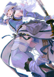 Rule 34 | 1girl, absurdres, arm up, au ra, bag, bare shoulders, blurry, blurry foreground, bow, coat, elbow gloves, final fantasy, final fantasy xiv, fingerless gloves, floating hair, foreshortening, from below, gem, gloves, hair bow, high heels, highres, holding, holding sword, holding weapon, horns, jewelry, kyo (kuroichigo), long hair, looking at viewer, multicolored hair, open mouth, pink hair, samurai (final fantasy), scales, shoes, shorts, simple background, sleeveless, sleeveless coat, solo, swept bangs, sword, tail, thighs, twisted torso, two-tone hair, very long hair, warrior of light (ff14), weapon, white background, white hair