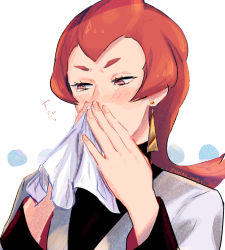 Rule 34 | 1girl, ariana (pokemon), blowing nose, blush, commentary request, creatures (company), crying, delta nonbiri, earrings, eyelashes, game freak, hands up, highres, holding, jacket, jewelry, long hair, long sleeves, nintendo, orange hair, pokemon, pokemon hgss, sad, solo, team rocket, team rocket uniform, tears, tissue, upper body, white jacket
