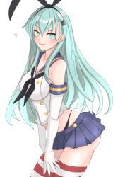 Rule 34 | 1girl, absurdres, black hairband, black neckerchief, black panties, blue skirt, breasts, cosplay, crop top, elbow gloves, gloves, green eyes, green hair, hair ornament, hairband, hairclip, highleg, highleg panties, highres, kantai collection, long hair, medium breasts, microskirt, neckerchief, nitamako (sakamalh), panties, pleated skirt, sailor collar, shimakaze (kancolle), shimakaze (kancolle) (cosplay), skirt, solo, striped clothes, striped thighhighs, suzuya (kancolle), thighhighs, underwear, white gloves