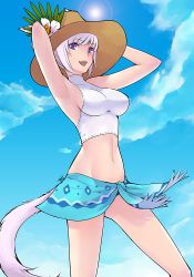 Rule 34 | 10s, 1girl, armpits, arms up, bikini, breasts, cloud, day, final fantasy, final fantasy xiv, hat, lens flare, looking at viewer, miqo&#039;te, navel, open mouth, purple eyes, sarong, short hair, sky, smile, solo, sun, swimsuit, tail, takatsuki kahiro, tankini, warrior of light (ff14), white hair