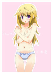 Rule 34 | 10s, blonde hair, blush, breasts, charlotte dunois, covering privates, covering breasts, crossed arms, infinite stratos, kaiga, long hair, panties, purple eyes, simple background, topless, underwear