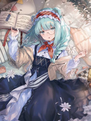 Rule 34 | 1girl, animal ears, arknights, bear ears, blue dress, blue eyes, blue hair, book, braid, chess piece, chessboard, commentary request, day, dress, from above, hairband, hand up, happitan no kona, highres, holding, holding book, istina (arknights), istina (bibliosmia) (arknights), lolita hairband, long hair, long sleeves, looking at viewer, lying, monocle, neckerchief, official alternate costume, on back, on bed, open book, pillow, red neckerchief, semi-rimless eyewear, shade, solo, sunlight, twin braids