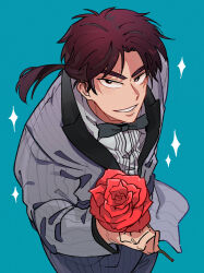 Rule 34 | 1boy, alternate costume, alternate hairstyle, black eyes, blue background, brown hair, commentary request, cowboy shot, flower, formal, grey jacket, grey pants, grin, highres, holding, holding flower, inudori, itou kaiji, jacket, kaiji, long hair, looking at viewer, low ponytail, male focus, medium bangs, pants, parted bangs, pinstripe pattern, pinstripe suit, red flower, red rose, rose, simple background, smile, solo, sparkle, striped clothes, striped jacket, suit, vertical-striped clothes, vertical-striped jacket