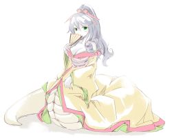 Rule 34 | 1girl, bad id, bad pixiv id, bare shoulders, breasts, cleavage, frfr, green eyes, grey hair, hand fan, image sample, japanese clothes, lamia, monster girl, original, pixiv sample, scales, simple background, snake, solo, tail, white hair