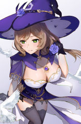 Rule 34 | 1girl, adjusting hair, bird, black gloves, black thighhighs, breasts, brown hair, capelet, cleavage, clisapex, closed mouth, dress, flower, genshin impact, gloves, green eyes, hair flower, hair ornament, hat, highres, large breasts, lisa (genshin impact), long hair, looking to the side, purple capelet, purple dress, purple hat, solo, thighhighs, witch hat