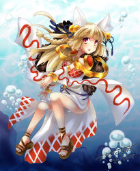 Rule 34 | 1girl, animal ear fluff, animal ears, argyle, argyle clothes, argyle dress, bangle, bell, blonde hair, blue ribbon, blunt bangs, blush, bracelet, braid, breasts, brown footwear, bubble, commentary request, dated, detached sleeves, dress, fox ears, full body, fur collar, hair bell, hair ornament, hair ribbon, jewelry, jingle bell, long hair, medium breasts, momozakura nanao, open mouth, ragnarok online, red eyes, ribbon, sandals, side braid, side slit, signature, sleeveless, sleeveless dress, solo, sorcerer (ragnarok online), underwater, water, white dress, white sleeves
