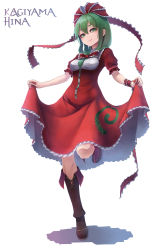 Rule 34 | 1girl, anidante, boots, breasts, character name, clothes lift, dress, dress lift, framed breasts, front ponytail, full body, green eyes, green hair, hair between eyes, hair ribbon, highres, kagiyama hina, lifted by self, long hair, looking at viewer, medium breasts, red dress, red ribbon, ribbon, shadow, short sleeves, simple background, smile, solo, standing, standing on one leg, touhou, white background, wrist cuffs