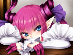 Rule 34 | 1girl, asymmetrical horns, blue eyes, crossed arms, elizabeth bathory (fate), elizabeth bathory (fate/extra ccc), fate/grand order, fate (series), head on table, horns, long hair, looking at viewer, pink hair, pointy ears, sasasa (nashi), solo, table, uneven horns