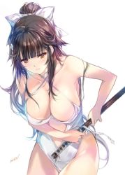 Rule 34 | 1girl, azur lane, bare shoulders, black hair, bow, breasts, brown eyes, choker, cleavage, clothing cutout, collarbone, commentary request, hair bow, hair ornament, halterneck, hip focus, katana, large breasts, leaning forward, long hair, min-naraken, navel cutout, one-piece swimsuit, ponytail, signature, simple background, solo, swimsuit, sword, takao (azur lane), takao (beach rhapsody) (azur lane), weapon, white background, white bow, white one-piece swimsuit