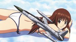 Rule 34 | 1girl, aircraft, airplane, ass, back, bikini, breasts, brown eyes, brown hair, closed mouth, cloud, cloudy sky, day, doi shizuha, highres, long hair, looking at viewer, lying, medium breasts, official art, on stomach, scan, sky, smile, solo, stratos 4, swimsuit, thighs, vehicle focus, white bikini, yamauchi noriyasu