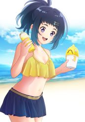 Rule 34 | 1girl, :d, absurdres, bad id, bad pixiv id, beach, blurry, blurry background, breasts, cleavage, cloud, cup, disposable cup, food, gradient hair, hair ornament, hairclip, highres, holding, holding cup, kimama (fantastic), medium breasts, midriff, multicolored hair, navel, ocean, open mouth, outdoors, ponytail, purple eyes, shaved ice, shiroi suna no aquatope, skirt, smile, solo, standing, swimsuit, teruya tsukimi