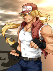 Rule 34 | 1boy, absurdres, bara, bare shoulders, baseball cap, blonde hair, denim, fatal fury, fingerless gloves, gloves, hat, highres, jeans, pectoral cleavage, male focus, muscular, muscular male, nura, pants, pectorals, photoshop (medium), shirt, silhouette, solo, tank top, terry bogard, the king of fighters, torn clothes, torn shirt