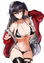 Rule 34 | 1girl, ahoge, azur lane, bare shoulders, bikini, black bikini, black hair, black thighhighs, blush, breasts, cleavage, collarbone, cowboy shot, eyewear on head, groin, hair between eyes, hand in own hair, head tilt, highres, jacket, large breasts, long hair, looking at viewer, navel, official alternate costume, one side up, open clothes, open jacket, pnatsu, race queen, red eyes, red jacket, simple background, skindentation, smile, solo, stomach, sunglasses, sunglasses on head, swimsuit, taihou (azur lane), taihou (enraptured companion) (azur lane), thighhighs, very long hair, white background