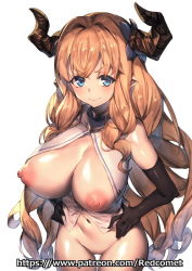 Rule 34 | &gt;:&lt;, 1girl, :&lt;, artist name, black gloves, blue eyes, blush, breasts, breasts out, brown hair, closed mouth, commentary request, draph, elbow gloves, gloves, granblue fantasy, hair intakes, hands on own hips, horns, large areolae, large breasts, long hair, looking at viewer, navel, nipples, no panties, pointy ears, razia, redcomet, revision, shirt, simple background, sleeveless, sleeveless shirt, solo, standing, uncensored, v-shaped eyebrows, very long hair, watermark, web address, white background, white shirt