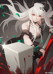 Rule 34 | 1girl, absurdres, arknights, arm up, artist name, bare shoulders, black choker, black dress, black gloves, black horns, black sleeves, black wristband, blood, blood splatter, bloody weapon, breasts, chinese text, choker, cleavage, closed mouth, collarbone, commentary, contrapposto, corsage, cross, cross necklace, crosshatching, demon horns, detached sleeves, diamond earrings, diamond hair ornament, dress, dutch angle, earrings, expressionless, eyelashes, falling petals, feet out of frame, fingernails, floating hair, flower, foreshortening, from side, glint, gloves, gradient background, green flower, grey background, grey hair, hair between eyes, hair ornament, hammer, hand up, hatching (texture), highres, holding, holding hammer, holding weapon, horns, jewelry, large breasts, leaning, leaning forward, linear hatching, lips, liwubo, long hair, looking at viewer, mudrock (arknights), mudrock (obsidian) (arknights), multiple necklaces, necklace, official alternate costume, outstretched arm, pale skin, partially fingerless gloves, petals, pointy ears, red eyes, ring, ring necklace, see-through, see-through cleavage, see-through sleeves, shadow, short sleeves, sidelocks, single earring, single glove, sledgehammer, sleeveless, sleeveless dress, solo, standing, straight hair, two-handed, very long hair, watermark, weapon, weibo logo, weibo username, wide sleeves, wristband