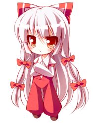 Rule 34 | 1girl, bad id, bad pixiv id, blush, bow, chibi, crossed arms, female focus, frown, fujiwara no mokou, full body, hair bow, long hair, pants, red eyes, simple background, solo, suspenders, teruui, touhou, white background, white hair