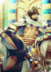 Rule 34 | 1boy, abs, ahoge, ankai (rappelzankai), bare pectorals, black gloves, brown hair, cape, dark skin, dark-skinned male, egyptian, egyptian clothes, fate/grand order, fate/prototype, fate/prototype: fragments of blue and silver, fate (series), gauntlets, gloves, hair between eyes, head tilt, jewelry, looking to the side, male focus, manly, muscular, necklace, ozymandias (fate), pectorals, pixiv id, topless male, shrug (clothing), sitting, smirk, solo, throne, white cape, yellow eyes
