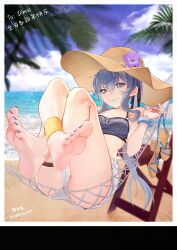 1girl absurdres ass b3b beach bikini blue_bikini blue_eyes blue_hair blue_nails breasts commentary_request day flower gotland_(kancolle) gotland_(swimsuit)_(kancolle) hair_between_eyes hammock hat hat_flower highres kantai_collection long_hair looking_at_viewer medium_breasts mole mole_under_eye nail_polish official_alternate_costume on_hammock outdoors palm_tree partial_commentary sandals short_shorts shorts solo sun_hat swimsuit toenails tree unworn_sandals white_shorts