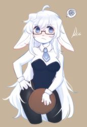 Rule 34 | 1girl, ahoge, animal ears, bare shoulders, blush, breasts, cleavage, detached collar, fake animal ears, furry, furry female, glasses, hand on own hip, highleg, highleg leotard, highres, holding, holding tray, leotard, necktie, original, pantyhose, playboy bunny, rabbit ears, rabbit girl, rabbit girl (ressue (gomgom)), ressue (gomgom), solo, tray, white hair, wrist cuffs