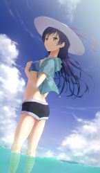 Rule 34 | 10s, 1girl, blue hair, cloud, day, hat, highres, long hair, love live!, love live! school idol festival, love live! school idol project, ocean, seirei911, shorts, smile, solo, sonoda umi, summer, swimsuit, wading, yellow eyes