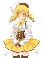 Rule 34 | 10s, 1girl, bad id, bad pixiv id, beret, blonde hair, brown thighhighs, corset, detached sleeves, drill hair, fingerless gloves, gloves, hair ornament, hairpin, hat, looking at viewer, magical girl, mahou shoujo madoka magica, mahou shoujo madoka magica (anime), misteor, own hands together, puffy sleeves, simple background, skirt, smile, solo, striped clothes, striped thighhighs, thighhighs, tomoe mami, tomoe mami (magical girl), twin drills, vertical-striped clothes, vertical-striped thighhighs, white background, yellow eyes, zettai ryouiki