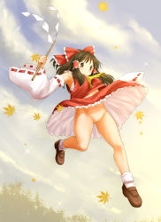 Rule 34 | 1girl, armpits, black hair, bobby socks, bow, brown hair, clothes lift, colorized, detached sleeves, dress, dress lift, gohei, hair bow, hair tubes, hakurei reimu, highres, kasuga yukihito, loafers, long hair, mary janes, no panties, panties, pussy, revision, sarashi, shoes, socks, solo, surprised, touhou, uncensored, underwear, upskirt, white panties, wide sleeves, wind, wind lift