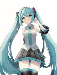 Rule 34 | 1girl, :i, absurdres, arm behind head, blue eyes, blue hair, blush, collared shirt, commentary request, cowboy shot, detached sleeves, hair ornament, hatsune miku, headphones, highres, long hair, looking at viewer, necktie, pleated skirt, shirt, skirt, sleeveless, sleeveless shirt, suiren nei, thighhighs, v-shaped eyebrows, very long hair, vocaloid