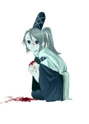 Rule 34 | 1girl, black eyes, blood, blood on face, blood on hands, blood on leg, blood splatter, bright pupils, commentary request, full body, grey footwear, grey hair, grey hat, grey skirt, hat, high ponytail, highres, japanese clothes, kariginu, long hair, long sleeves, looking at viewer, looking to the side, mononobe no futo, open mouth, pom pom (clothes), ponytail, simple background, skirt, solo, soro ban makura wa jukensei, squatting, tate eboshi, touhou, white background, white pupils, wide sleeves