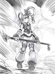 Rule 34 | 10s, 1girl, chinese clothes, detached sleeves, dragon kid, hat, huang baoling, monochrome, saskia gutekunst, short hair, shorts, smile, smoke, solo, staff, superhero costume, thighhighs, tiger &amp; bunny