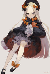 Rule 34 | 1girl, abigail williams (fate), artist name, black bow, black dress, black footwear, black hat, blonde hair, bloomers, blue eyes, bow, brown background, bug, butterfly, dress, fate/grand order, fate (series), hair bow, hands in opposite sleeves, hat, highres, hugging object, insect, long hair, long sleeves, looking at viewer, noose, orange bow, parted bangs, polka dot, polka dot bow, shoes, signature, simple background, solo, stuffed animal, stuffed toy, teddy bear, underwear, usuke (u skeeep), very long hair, white bloomers