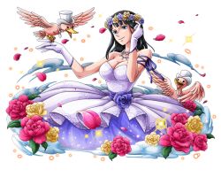 Rule 34 | 1girl, arm ribbon, bird, bird on hand, black hair, blue eyes, blue ribbon, bodskih, breasts, cleavage, collarbone, dress, flower, gloves, hair flower, hair ornament, hand in own hair, hat, head wreath, jewelry, large breasts, long hair, necaklce, necklace, nico robin, one piece, one piece treasure cruise, petals, purple flower, red flower, ribbon, sleeveless, sleeveless dress, solo, strapless, strapless dress, transparent background, white gloves, white hat, yellow flower
