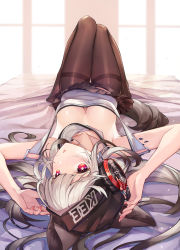 Rule 34 | 1girl, am1m, animal ears, arknights, bed, bed sheet, black pantyhose, black skirt, breasts, cat ears, cat tail, cleavage, collarbone, ears through headwear, frostleaf (arknights), headphones, highres, implied extra ears, long hair, looking at viewer, lying, material growth, medium breasts, nail polish, on back, open mouth, oripathy lesion (arknights), pantyhose, pleated skirt, red eyes, silver hair, skirt, solo, tail, window