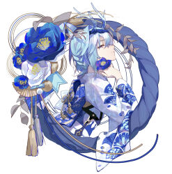Rule 34 | 1girl, absurdres, alternate costume, blue flower, blue hair, blue hairband, blue robe, chest harness, closed mouth, eula (genshin impact), fake antlers, fake horns, flower, genshin impact, hairband, half-closed eyes, harness, highres, holding, holding flower, horns, japanese clothes, kimono, looking to the side, medium hair, obi, oriori 0201, robe, sash, simple background, solo, two-tone kimono, upper body, white background, white flower, white kimono