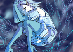Rule 34 | 1girl, blue hair, boots, bra, breasts, chuugaeri, commentary request, creatures (company), elbow gloves, game freak, gen 3 pokemon, gloves, hair ornament, hand on own head, high heel boots, high heels, knee boots, legendary pokemon, looking at viewer, nintendo, personification, pokemon, regice, see-through, short hair, short sleeves, small breasts, solo, underwear, yellow eyes