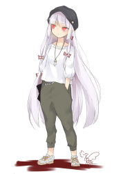 Rule 34 | 1girl, alternate costume, black hat, blunt bangs, blush, bow, cabbie hat, casual, collarbone, commentary request, contemporary, floral print, fujiwara no mokou, full body, grey pants, hair bow, hand in pocket, hat, highres, jewelry, long hair, long sleeves, no nose, pants, pendant, pocket, puffy sleeves, red eyes, shirt, shoes, signature, silver hair, simple background, sketch, sneakers, solo, standing, touhou, toutenkou, very long hair, white background, white bow, white shirt