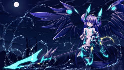 Rule 34 | 1girl, bare shoulders, black footwear, black thighhighs, boots, closed mouth, cloud, commentary request, copyright request, crossed legs, detached sleeves, full moon, head tilt, headgear, holding, holding weapon, horns, knee boots, long sleeves, looking at viewer, mechanical wings, moon, night, night sky, outdoors, purple hair, purple wings, revealing clothes, ruins, short twintails, single thighhigh, sitting, sky, smile, solo, thighhighs, thighhighs under boots, twintails, water, weapon, wings, yellow eyes, yuku (kiollion)