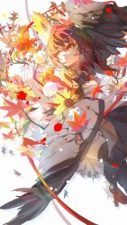 Rule 34 | 1girl, autumn leaves, bird wings, black thighhighs, castor362089261, commentary request, falling leaves, feathered wings, geta, highres, leaf, orange eyes, pom pom (clothes), red footwear, shameimaru aya, shirt, short hair, solo, tengu-geta, thighhighs, touhou, white shirt, wings