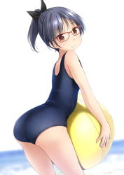 Rule 34 | 1girl, ass, ball, beach, beachball, black ribbon, brown eyes, cowboy shot, day, from behind, glasses, grey hair, hair ribbon, highres, looking at viewer, one-piece swimsuit, original, outdoors, ponytail, ribbon, school swimsuit, shibacha, short hair, smile, solo, swimsuit
