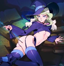 Rule 34 | 1girl, ankle boots, ass, black choker, blue eyes, book, boots, breasts, choker, commentary, cropped hoodie, diana cavendish, english commentary, eyeshadow, fingernails, garter belt, garter straps, grey hair, highres, hood, hood down, hoodie, light green hair, little witch academia, long hair, looking at viewer, lying, makeup, medium breasts, multicolored hair, navel, no pants, on side, optionaltypo, pinky out, purple footwear, purple garter belt, purple garter straps, purple hoodie, purple sleeves, purple theme, purple thighhighs, ribbon choker, solo, thighhighs, too many, too many books, two-tone hair, underboob, wand, wide sleeves, witch