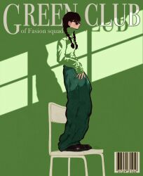 Rule 34 | 1girl, barcode, black footwear, black hair, black pants, blending, braid, chair, english text, green background, green sweater, highres, long hair, original, pants, profile, red nails, shadow, shoes, sleeves past wrists, solo, standing, sunglasses, sweater, syooooyoooo, turtleneck, twin braids