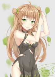 Rule 34 | 1girl, ahoge, bad id, bad pixiv id, black dress, black gloves, blush, bow, breasts, brown hair, choker, collarbone, convenient leg, covered navel, dated, double bun, dress, girls&#039; frontline, gloves, green bow, green eyes, gun, hair bow, hair bun, long hair, looking at viewer, medium breasts, mole, mole on breast, no panties, off shoulder, rfb (girls&#039; frontline), shoes, sidelocks, signature, simple background, smile, socks, solo, splatter, torn clothes, torn dress, twitter username, two side up, tying hair, unel1211, weapon