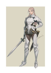 Rule 34 | 1girl, absurdres, armor, armored boots, boots, border, breastplate, fantasy, faulds, female focus, female knight, full body, gauntlets, hand on own hip, highres, holding, holding sword, holding weapon, knight, lips, original, sheath, signature, solo, sonech, standing, sword, twintails, weapon, white border