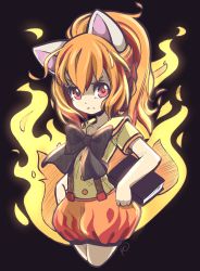 Rule 34 | 1girl, absurdres, angelica (k3lly), animal ears, artist name, black background, black bow, blouse, book, bow, closed mouth, creatures (company), fiery tail, fire, game freak, gen 1 pokemon, half updo, highres, holding, holding book, horse girl, looking at viewer, nintendo, orange hair, pokemon, pokemon (creature), ponyta, puffy shorts, red eyes, shaded face, shirt, shorts, simple background, solo, standing, suspenders, tagme, tail, v-shaped eyebrows, yellow shirt