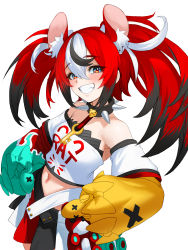 Rule 34 | 1girl, absurdres, animal ear fluff, animal ears, aqua bow, bare shoulders, black collar, black hair, black skirt, blue eyes, blush, bow, clothes writing, collar, collarbone, detached sleeves, english text, hair between eyes, hakos baelz, hands on own hips, highres, hololive, hololive english, key, long hair, looking at viewer, mouse ears, multicolored clothes, multicolored eyes, multicolored hair, multicolored skirt, navel, open mouth, p-gnesium, red eyes, red hair, red skirt, simple background, skirt, smile, solo, spiked collar, spikes, streaked hair, stuffed animal, stuffed toy, teddy bear, teeth, twintails, virtual youtuber, white background, white hair, white skirt, x, yellow bow, yellow eyes