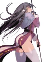 Rule 34 | 1girl, akutsumi, ass, black hair, fasalina, gunxsword, holding, holding staff, long hair, looking at viewer, looking back, solo, staff, thighhighs, white background, yellow eyes