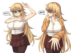 Rule 34 | 1girl, arm up, armpits, bespectacled, black-framed eyewear, black pantyhose, blonde hair, blue eyes, blush, breasts, brown skirt, collar, collarbone, commentary, english commentary, english text, flustered, furi2play!, glasses, highres, jacket, large breasts, long hair, looking at viewer, margit hartmann, multiple views, open mouth, orange jacket, outstretched hand, pantyhose, peach88, shirt, simple background, skirt, speech bubble, very long hair, white background, white shirt
