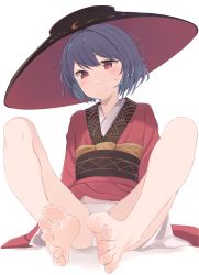 Rule 34 | 1girl, absurdres, barefoot, bowl, bowl hat, closed mouth, commentary request, commission, feet, flat chest, foot focus, hair intakes, hat, highres, japanese clothes, kahlua (artist), kimono, knees apart feet together, knees up, looking at viewer, panties, perspective, purple hair, red eyes, red kimono, short hair, simple background, sitting, skeb commission, smirk, soles, solo, spread toes, sukuna shinmyoumaru, sweat, toenails, toes, touhou, underwear, uneven eyes, upskirt, wavy mouth, white background, white panties