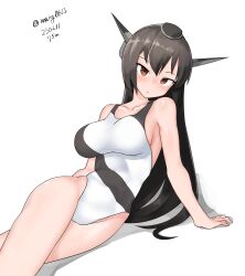 Rule 34 | 1girl, absurdres, black hair, breasts, collarbone, competition swimsuit, headgear, highres, kantai collection, large breasts, long hair, maru (marg0613), nagato (kancolle), one-hour drawing challenge, one-piece swimsuit, red eyes, simple background, sitting, solo, swimsuit, two-tone swimsuit, white background, white one-piece swimsuit, yokozuwari