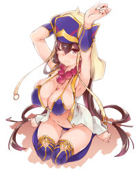 Rule 34 | 1girl, armpits, arms up, beads, bikini, breasts, brown hair, cleavage, earrings, fate/grand order, fate (series), hat, highres, jewelry, large breasts, long hair, looking at viewer, necklace, one eye closed, prayer beads, purple eyes, solo, swimsuit, thighhighs, thomasz, xuangzang sanzang (fate)